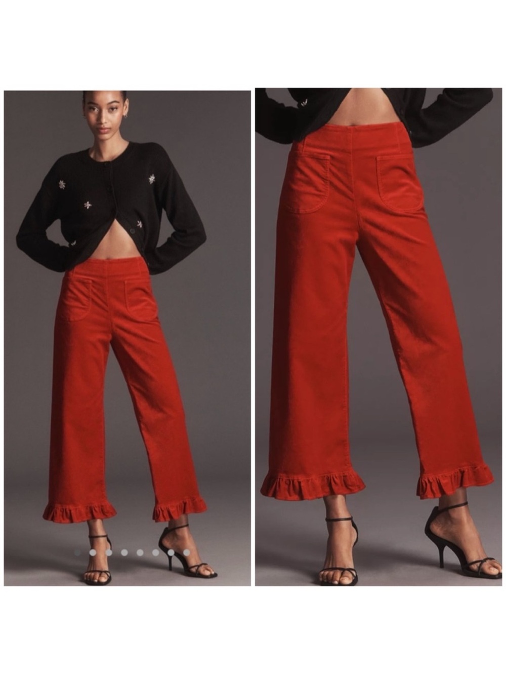 Anthropologie Red lipstick The Collete crop velvet ruffle hem pants